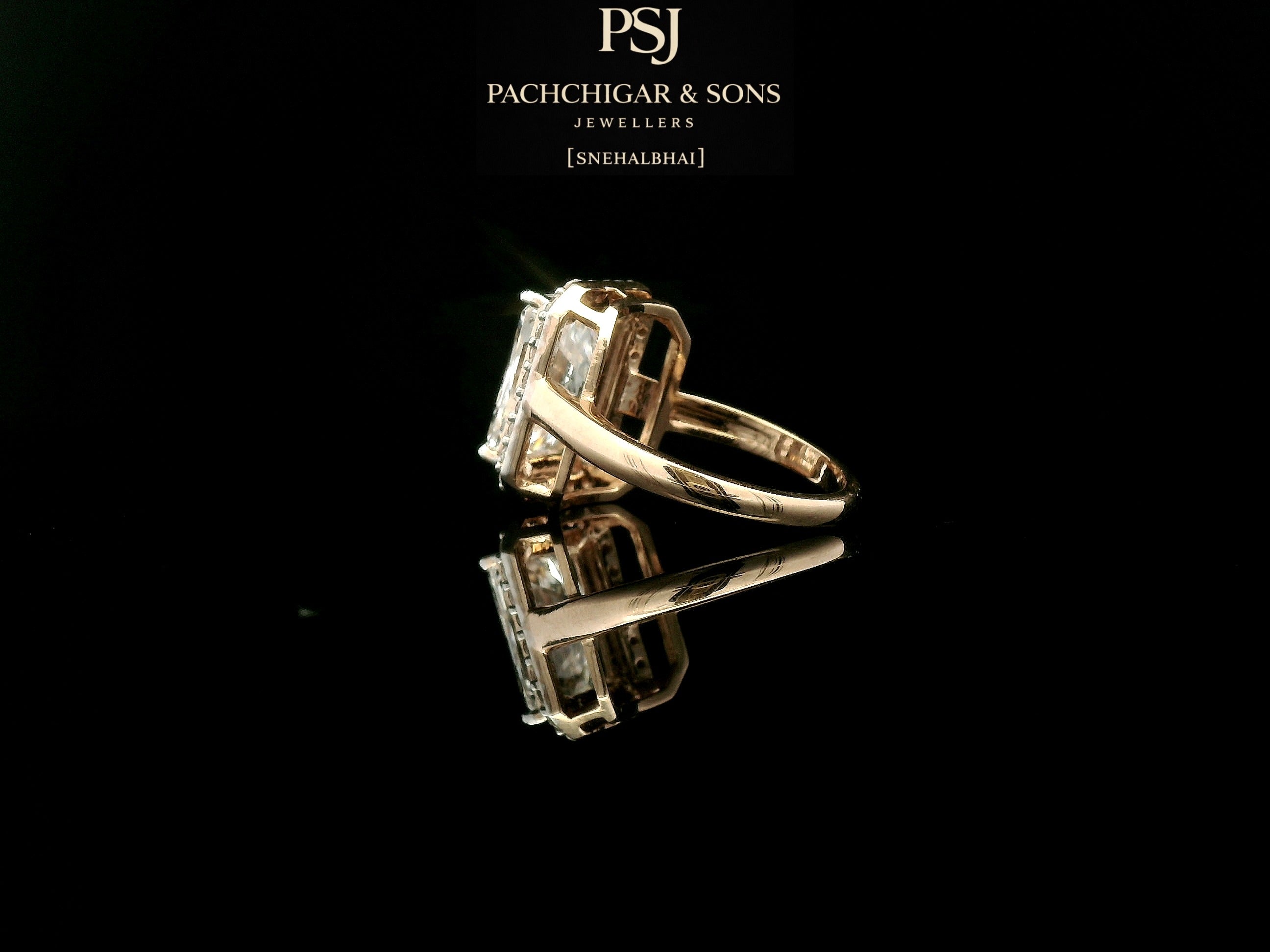 Emerald Cut Diamond Halo Statement Ring in Gold