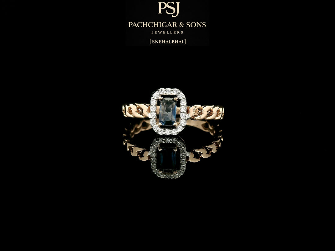Diamond Halo Chain Ring with Blue Emerald-Cut Stone