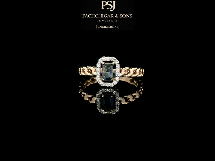 Diamond Halo Chain Ring with Blue Emerald-Cut Stone