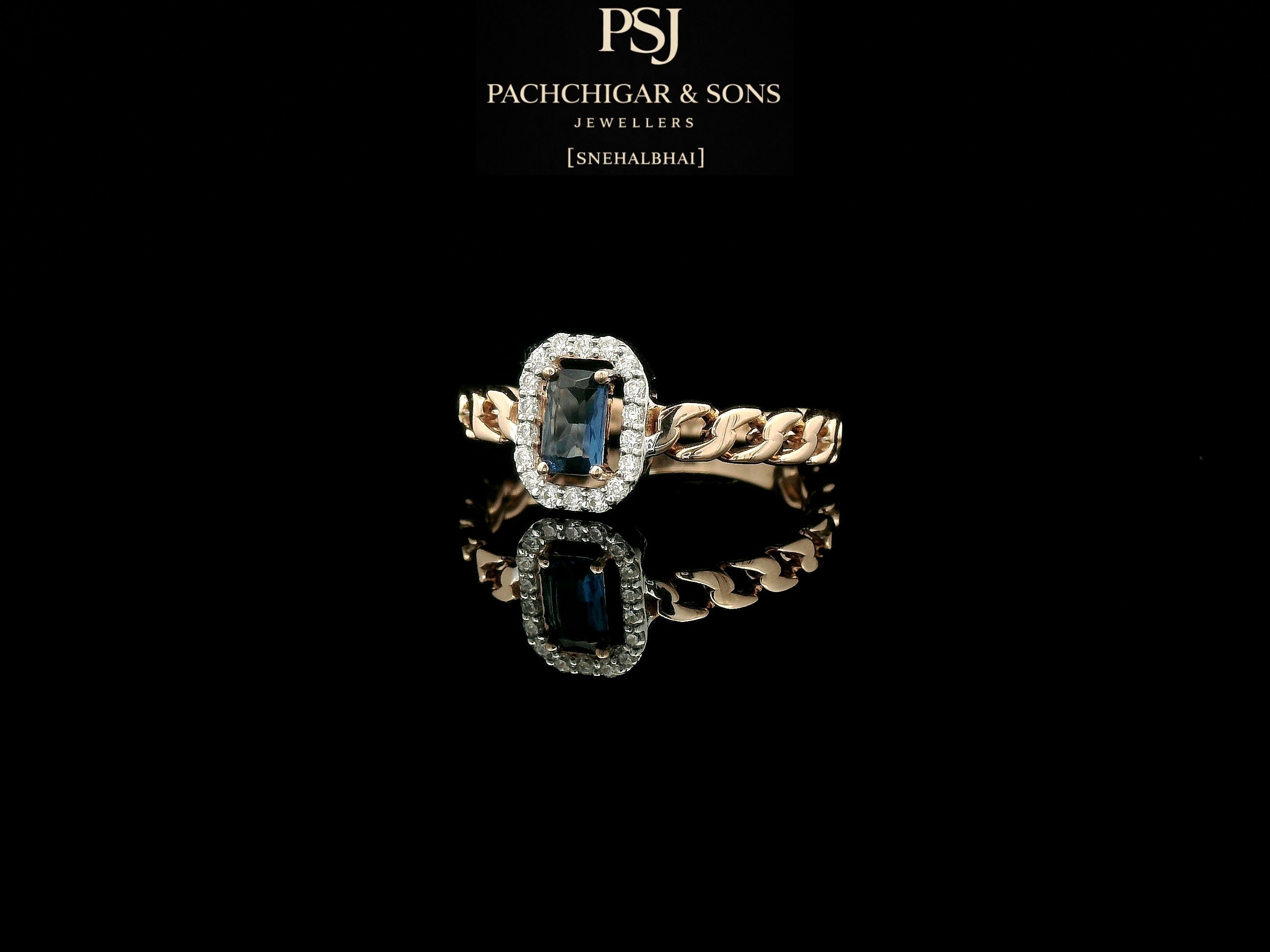 Diamond Halo Chain Ring with Blue Emerald-Cut Stone
