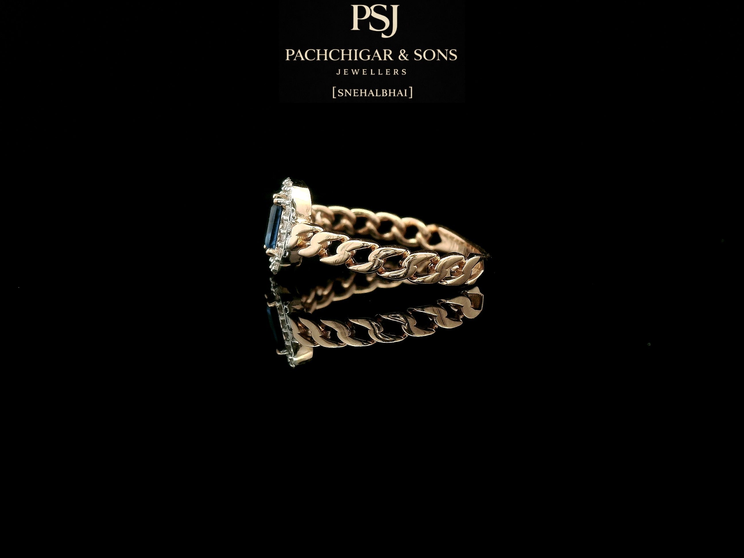 Diamond Halo Chain Ring with Blue Emerald-Cut Stone