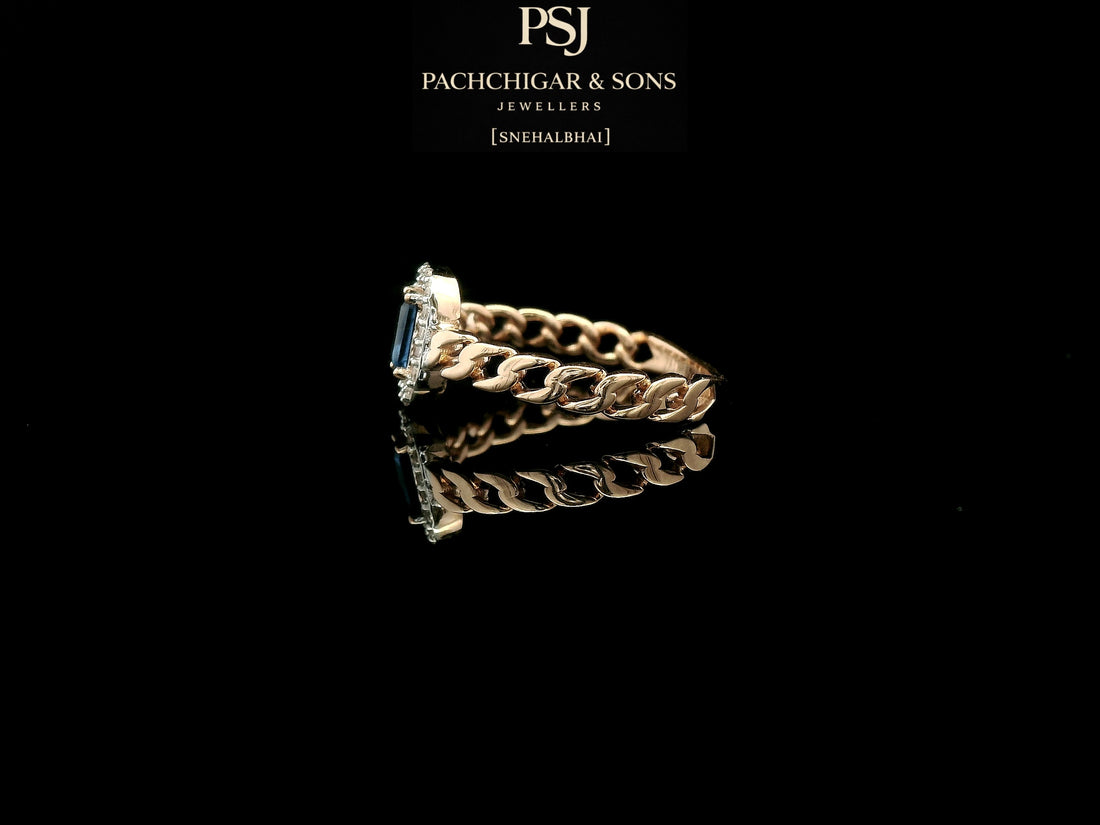 Diamond Halo Chain Ring with Blue Emerald-Cut Stone