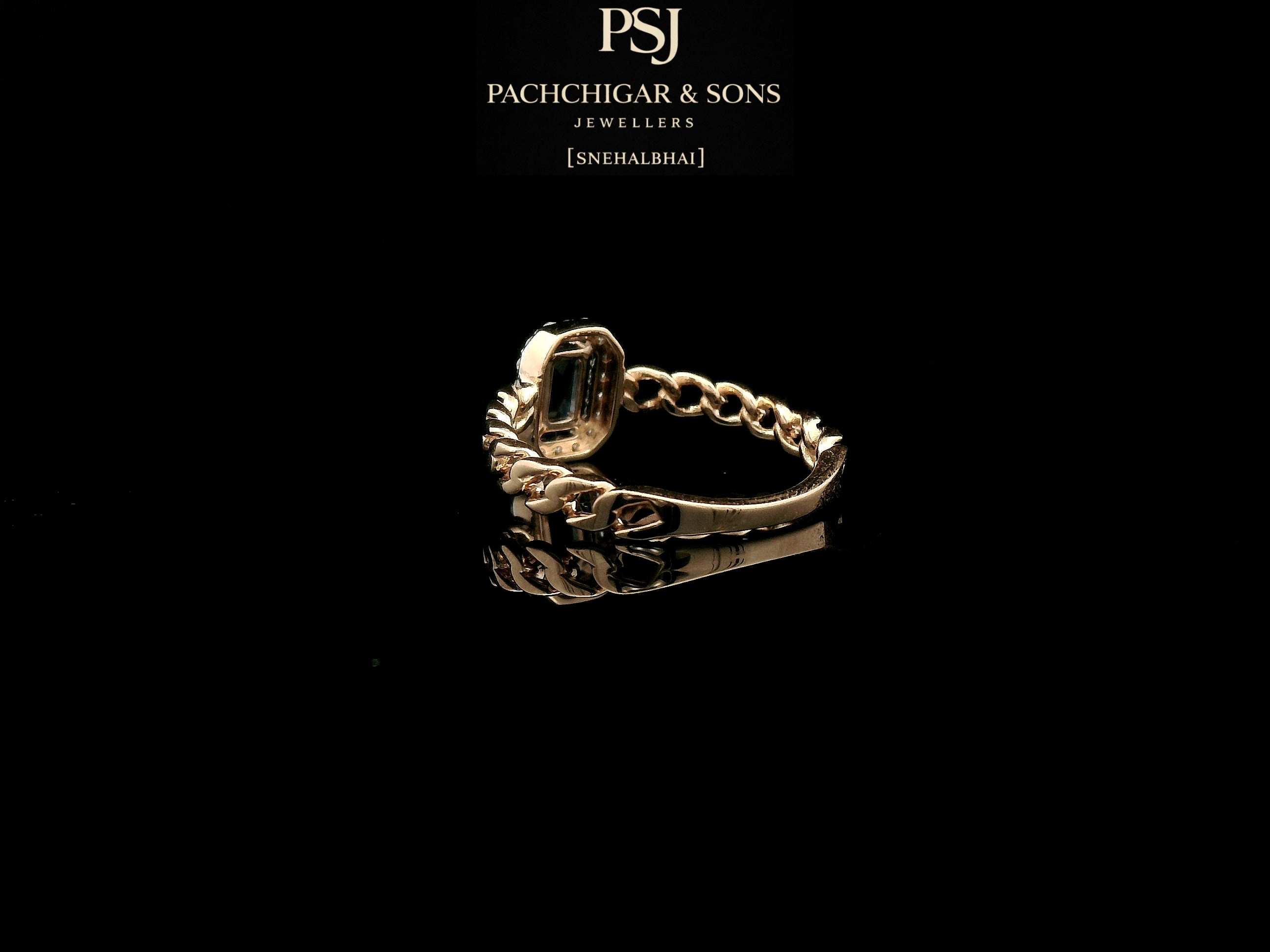 Diamond Halo Chain Ring with Blue Emerald-Cut Stone