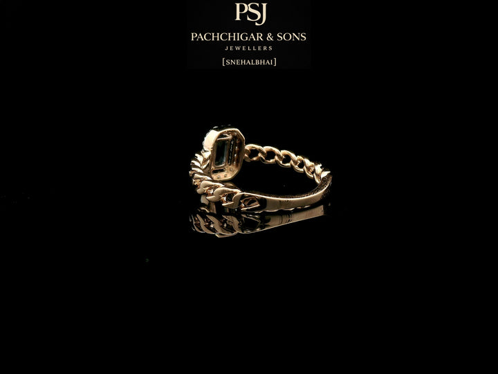 Diamond Halo Chain Ring with Blue Emerald-Cut Stone