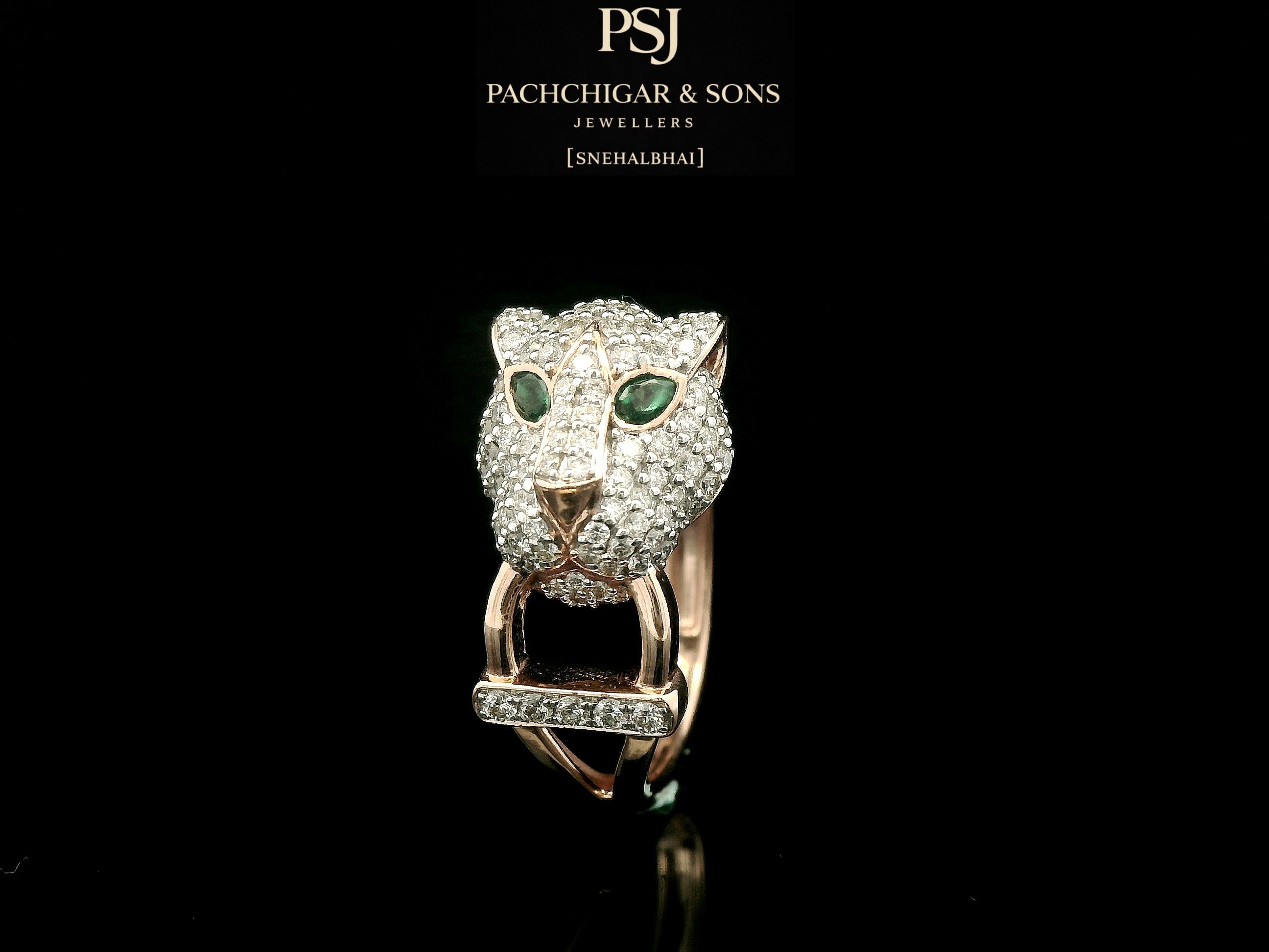 Panther Diamond Statement Ring with Emerald Eyes in Gold
