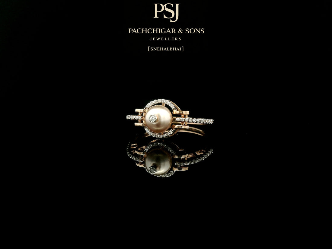 Contemporary Pearl Diamond Ring with Circular Halo Design