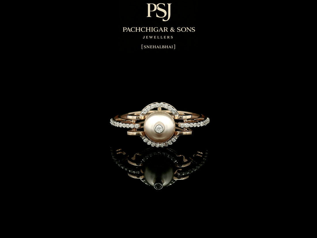 Contemporary Pearl Diamond Ring with Circular Halo Design