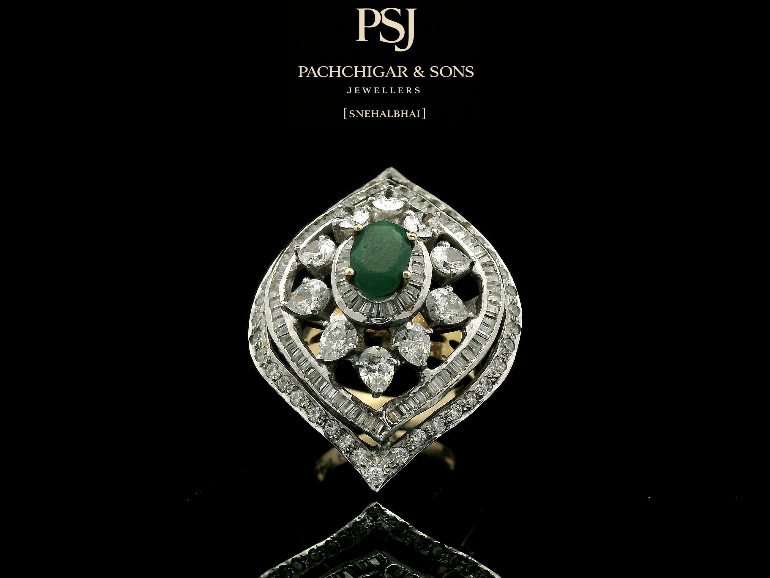 Emerald and Diamond Navette Cocktail Ring with Floral Detailing