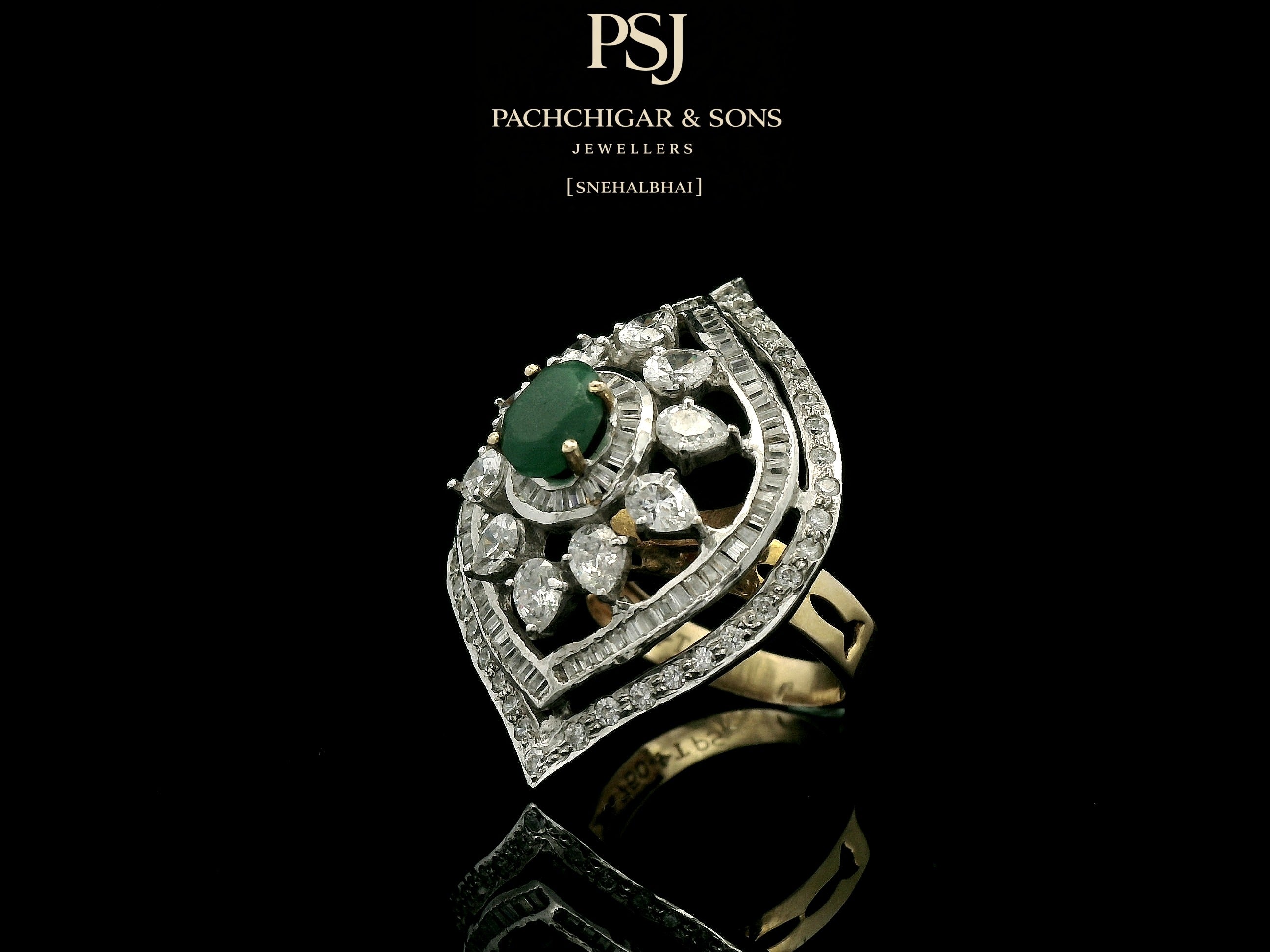 Emerald and Diamond Navette Cocktail Ring with Floral Detailing