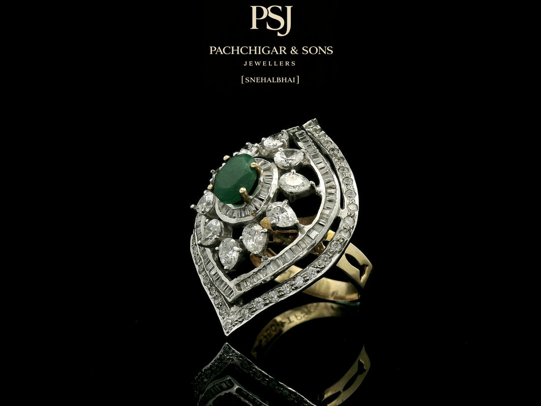 Emerald and Diamond Navette Cocktail Ring with Floral Detailing