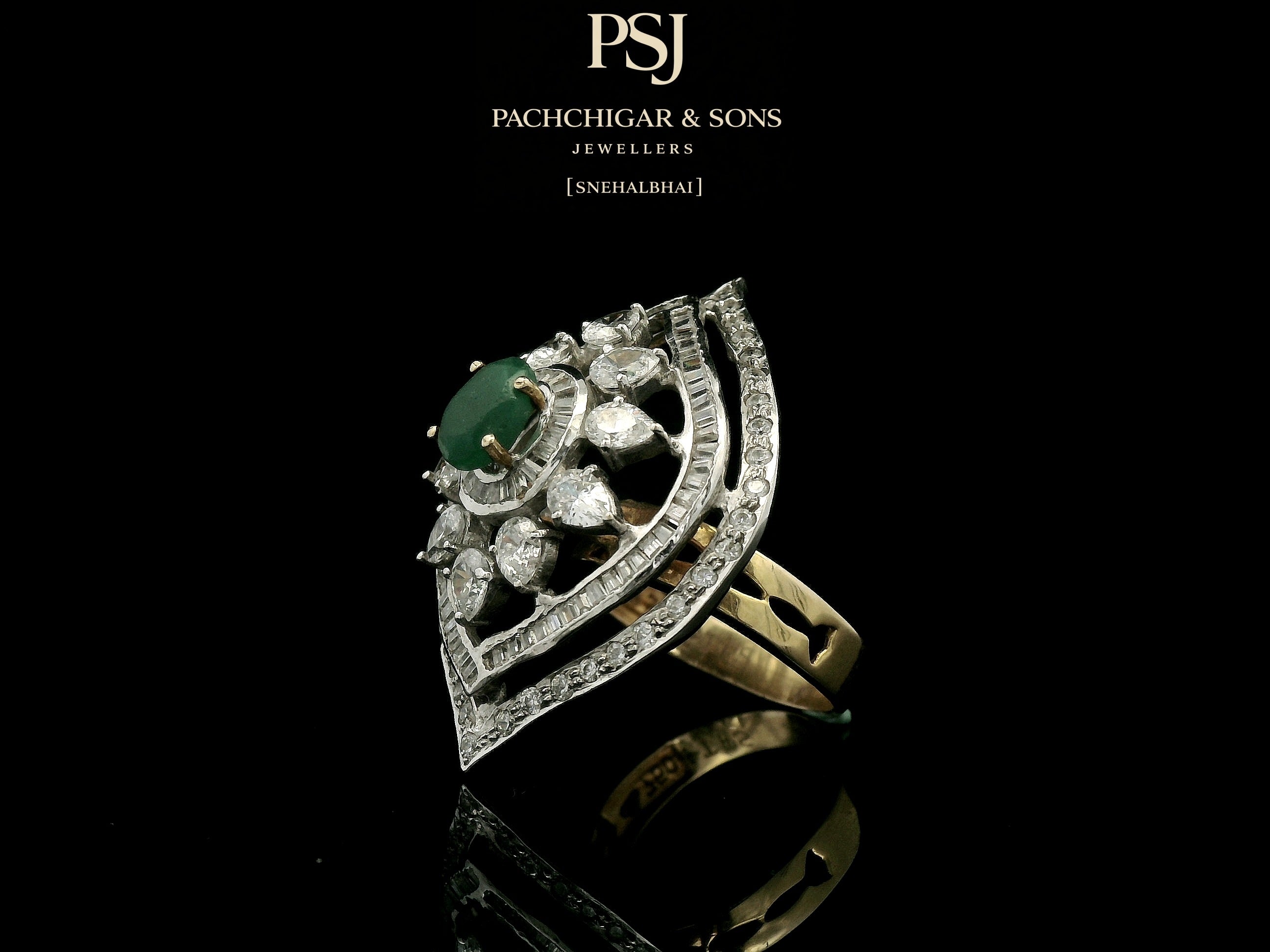 Emerald and Diamond Navette Cocktail Ring with Floral Detailing