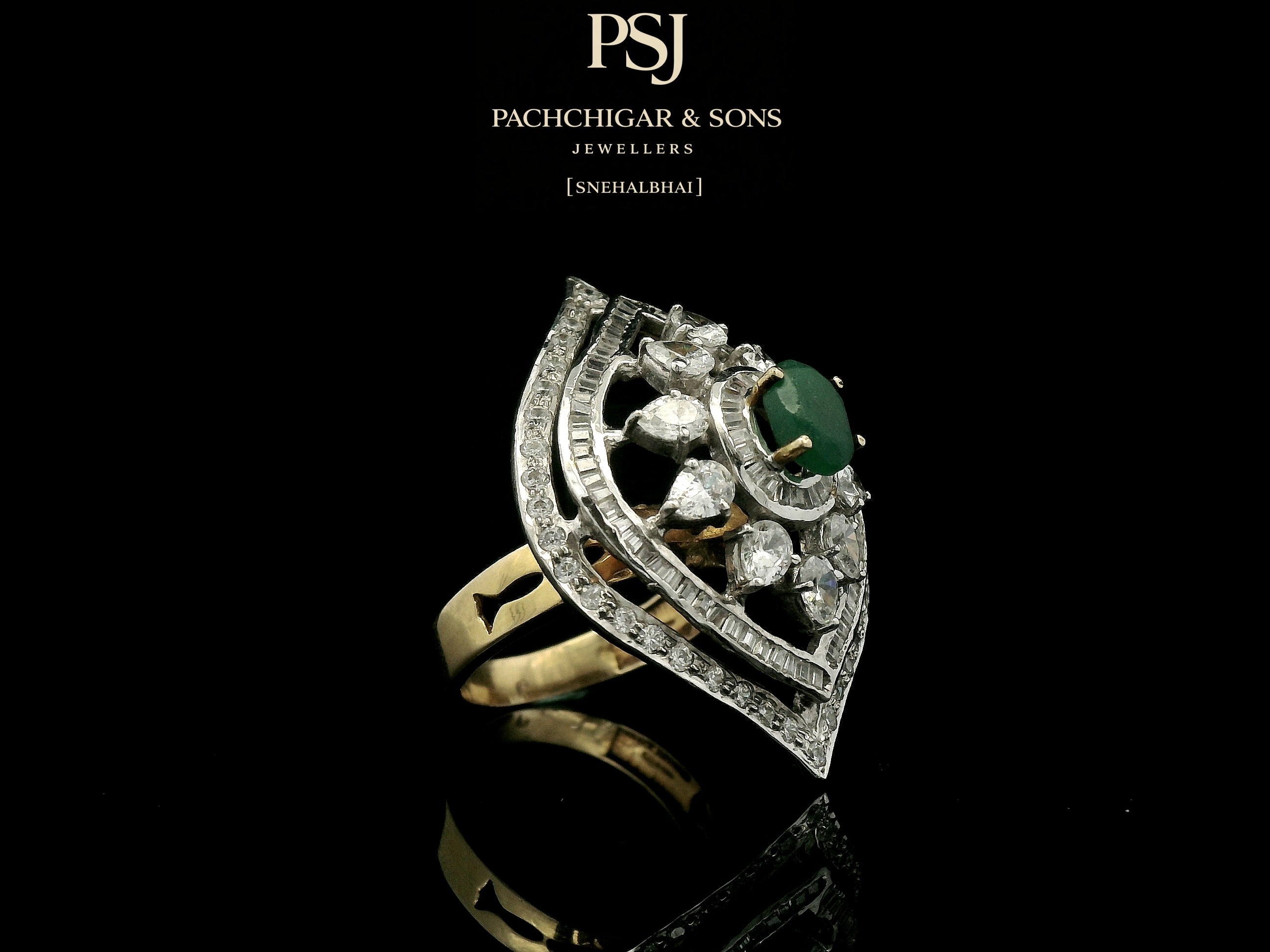 Emerald and Diamond Navette Cocktail Ring with Floral Detailing