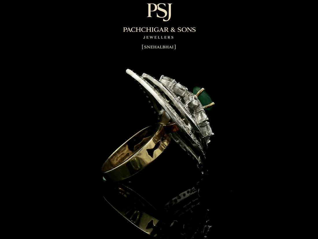 Emerald and Diamond Navette Cocktail Ring with Floral Detailing
