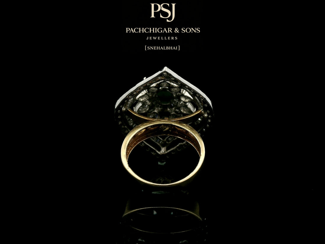Emerald and Diamond Navette Cocktail Ring with Floral Detailing