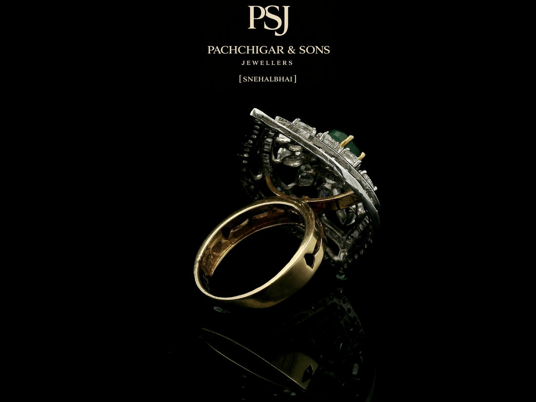Emerald and Diamond Navette Cocktail Ring with Floral Detailing