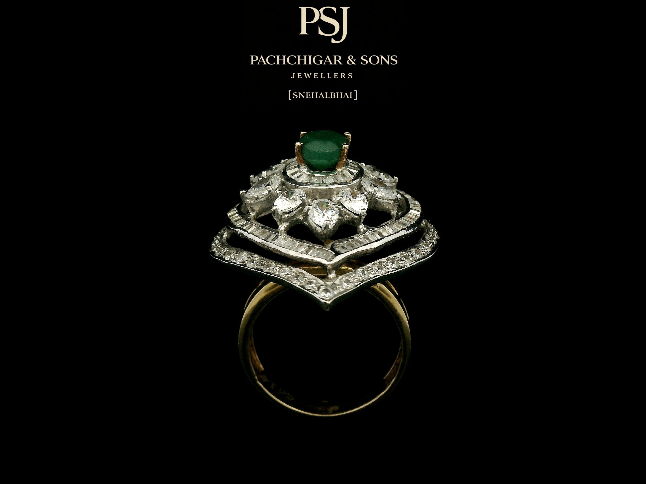 Emerald and Diamond Navette Cocktail Ring with Floral Detailing