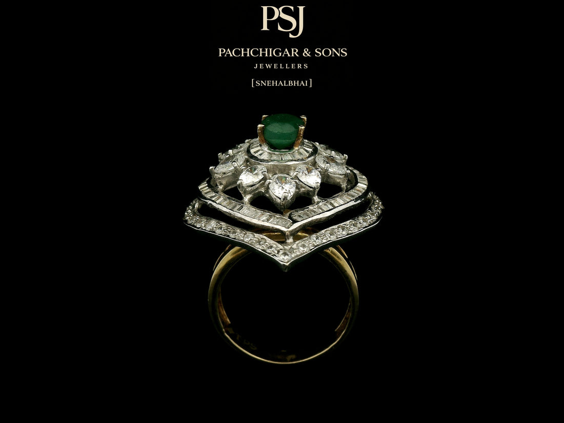 Emerald and Diamond Navette Cocktail Ring with Floral Detailing