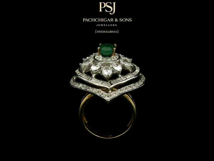 Emerald and Diamond Navette Cocktail Ring with Floral Detailing