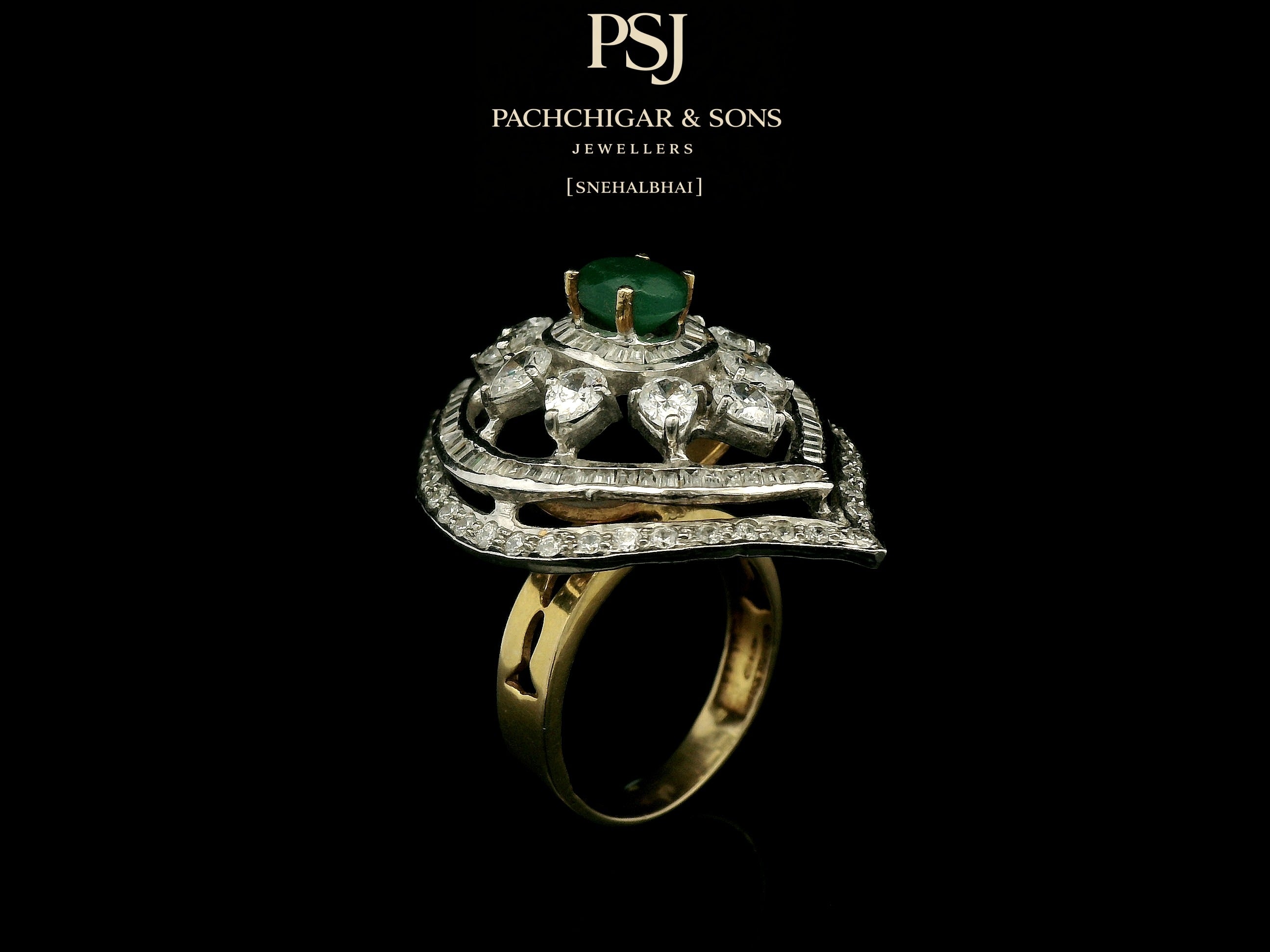 Emerald and Diamond Navette Cocktail Ring with Floral Detailing