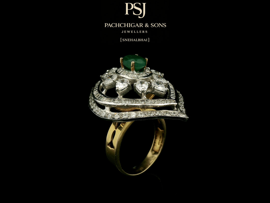 Emerald and Diamond Navette Cocktail Ring with Floral Detailing
