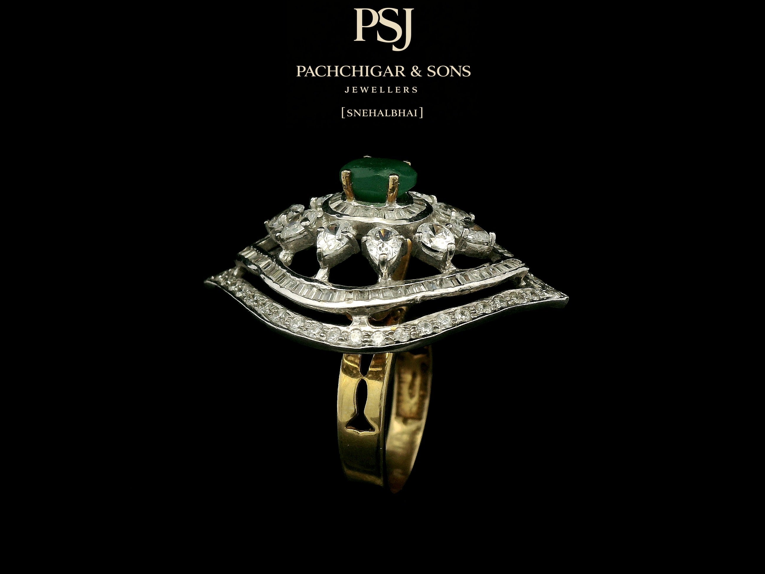 Emerald and Diamond Navette Cocktail Ring with Floral Detailing