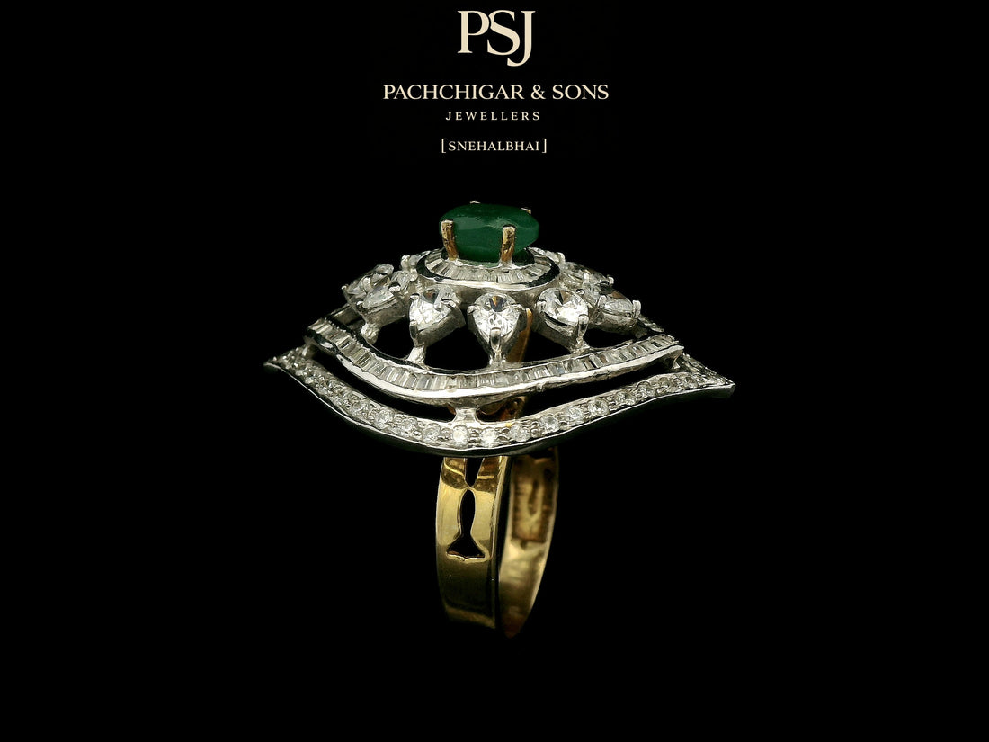 Emerald and Diamond Navette Cocktail Ring with Floral Detailing