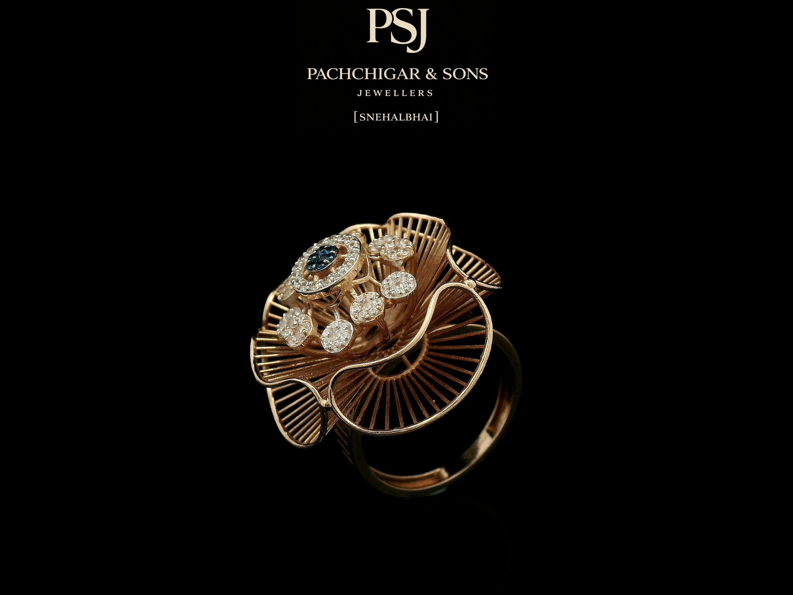 Artistic Floral Diamond Ring with Blue Stone Center