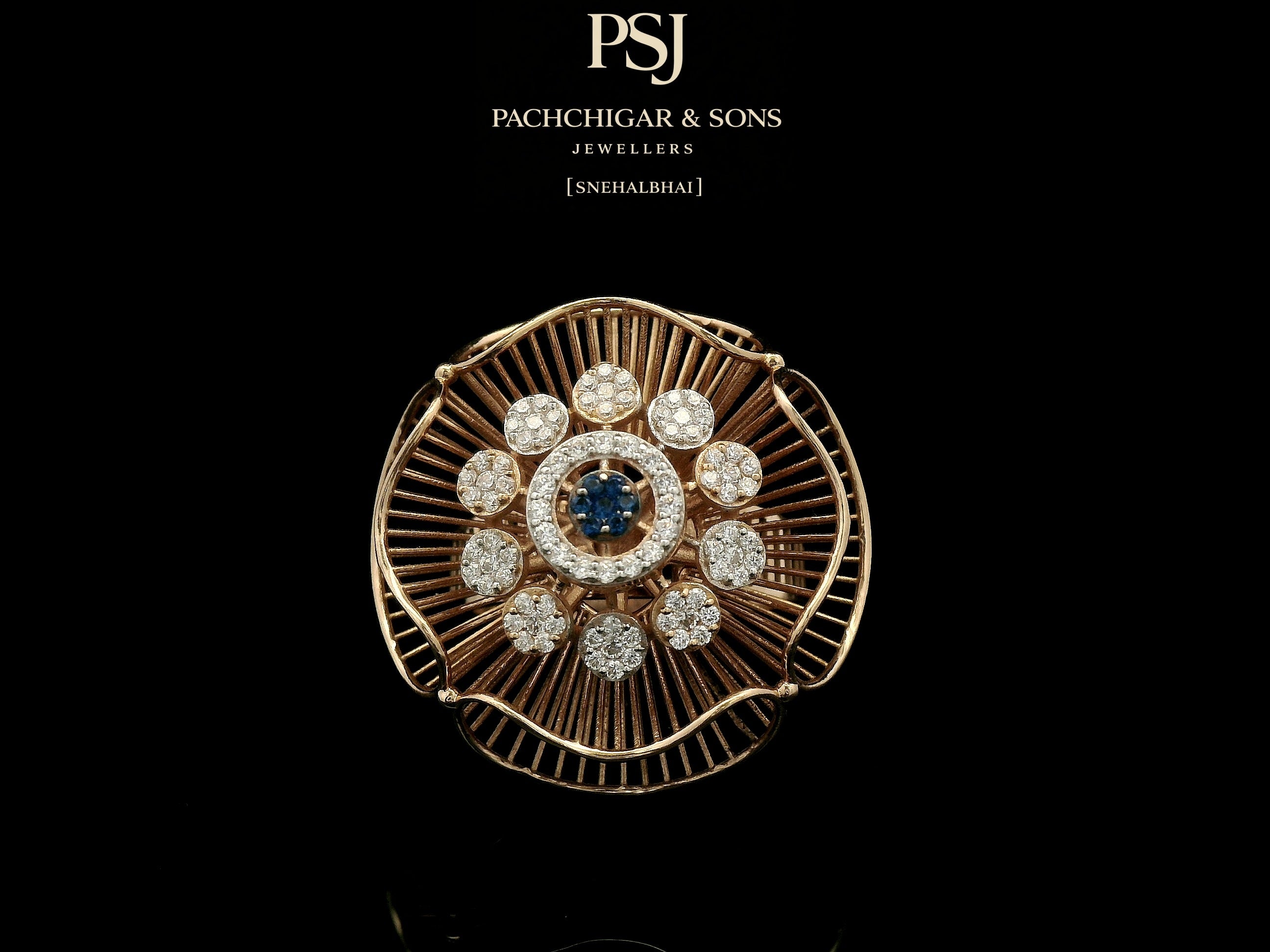 Artistic Floral Diamond Ring with Blue Stone Center