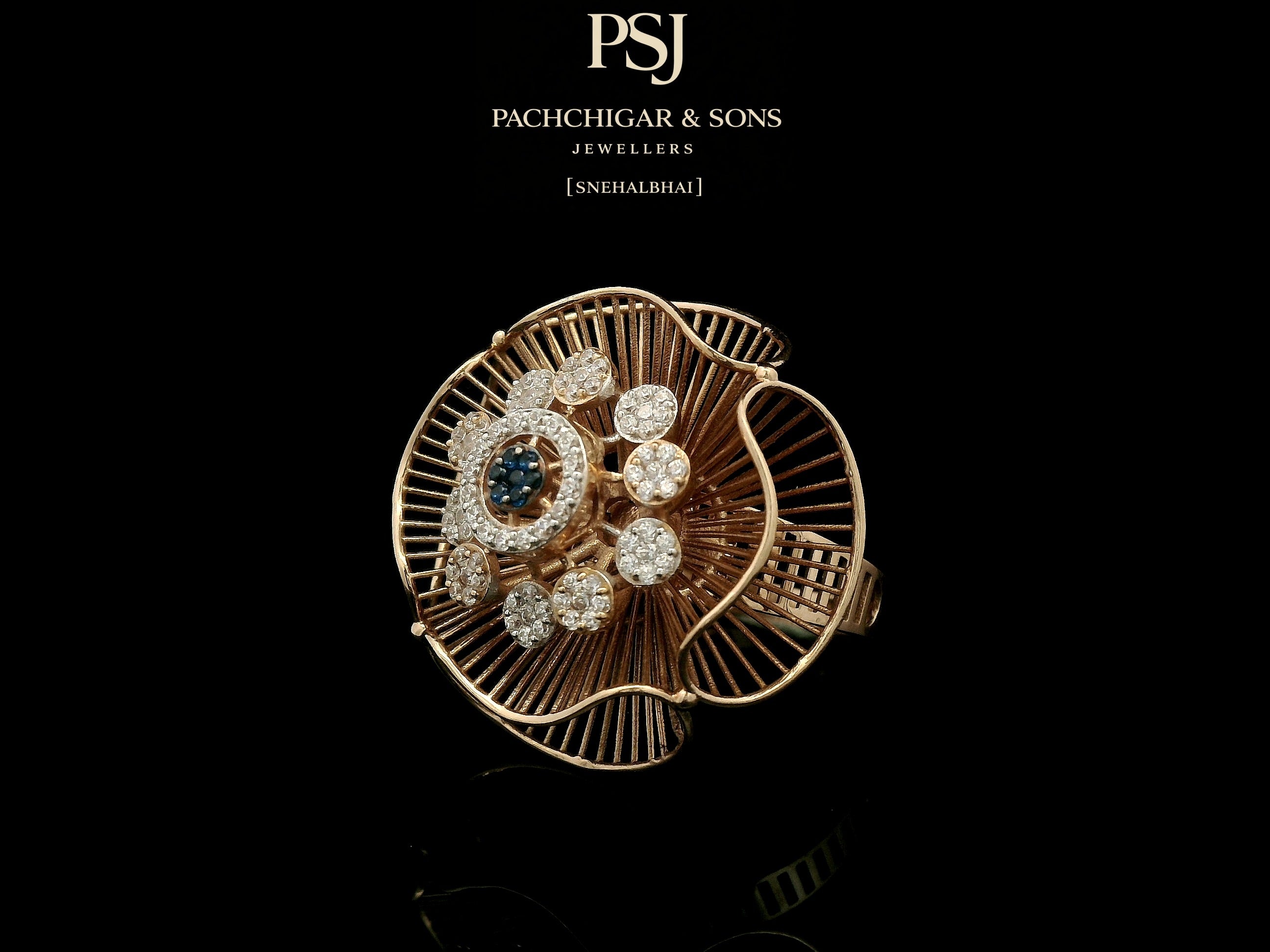 Artistic Floral Diamond Ring with Blue Stone Center