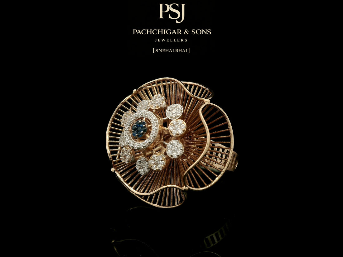 Artistic Floral Diamond Ring with Blue Stone Center