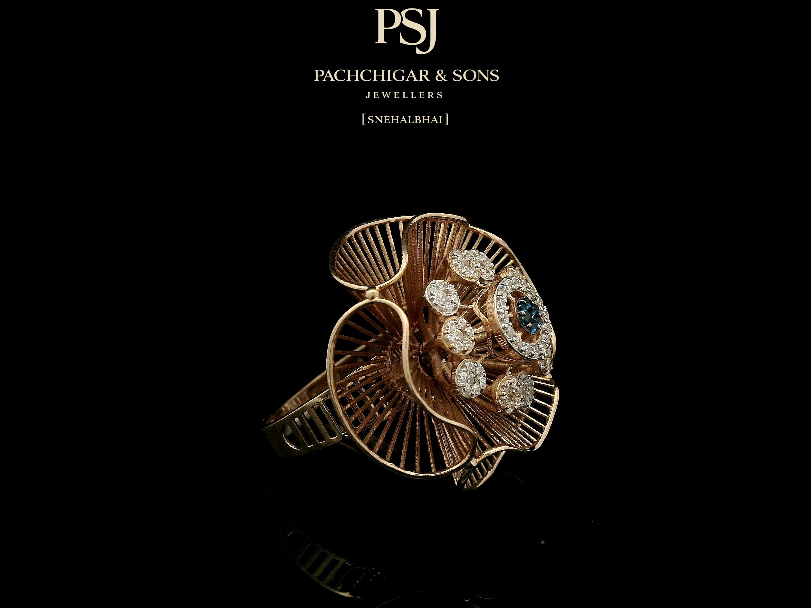 Artistic Floral Diamond Ring with Blue Stone Center
