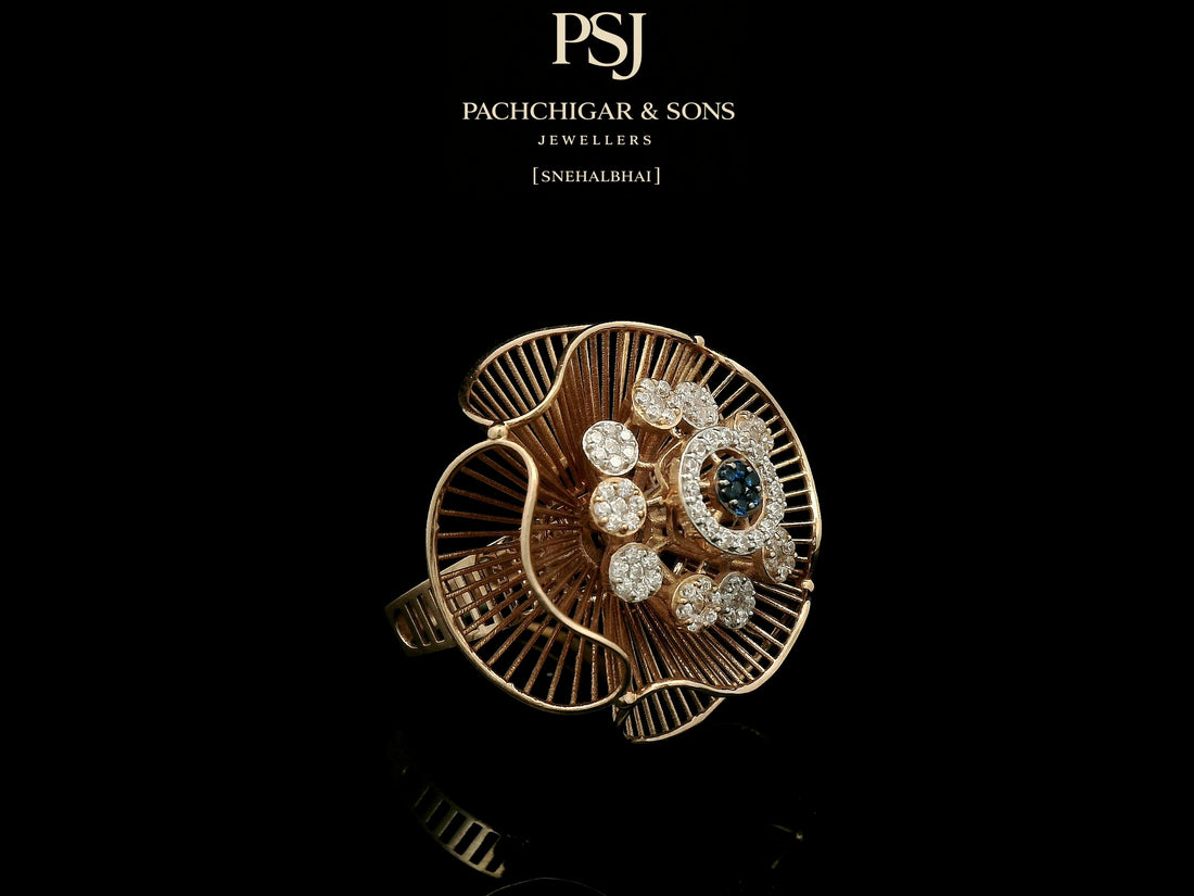 Artistic Floral Diamond Ring with Blue Stone Center