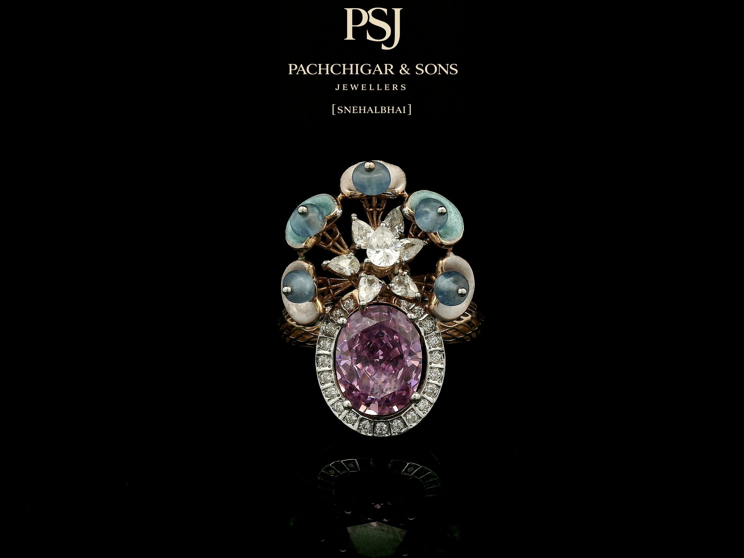 Pink Sapphire Floral Cocktail Ring with Blue Stone Accents