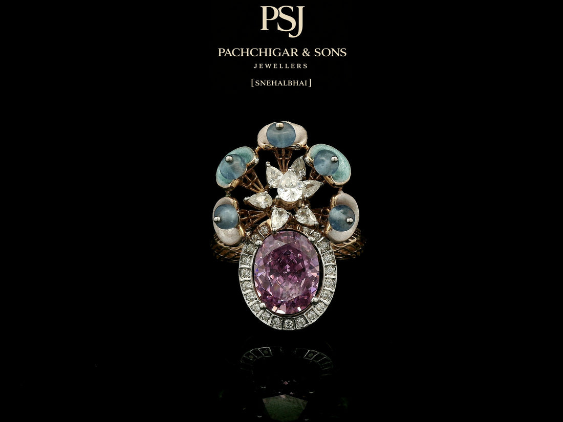 Pink Sapphire Floral Cocktail Ring with Blue Stone Accents