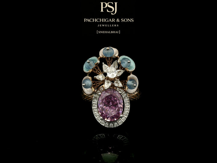 Pink Sapphire Floral Cocktail Ring with Blue Stone Accents
