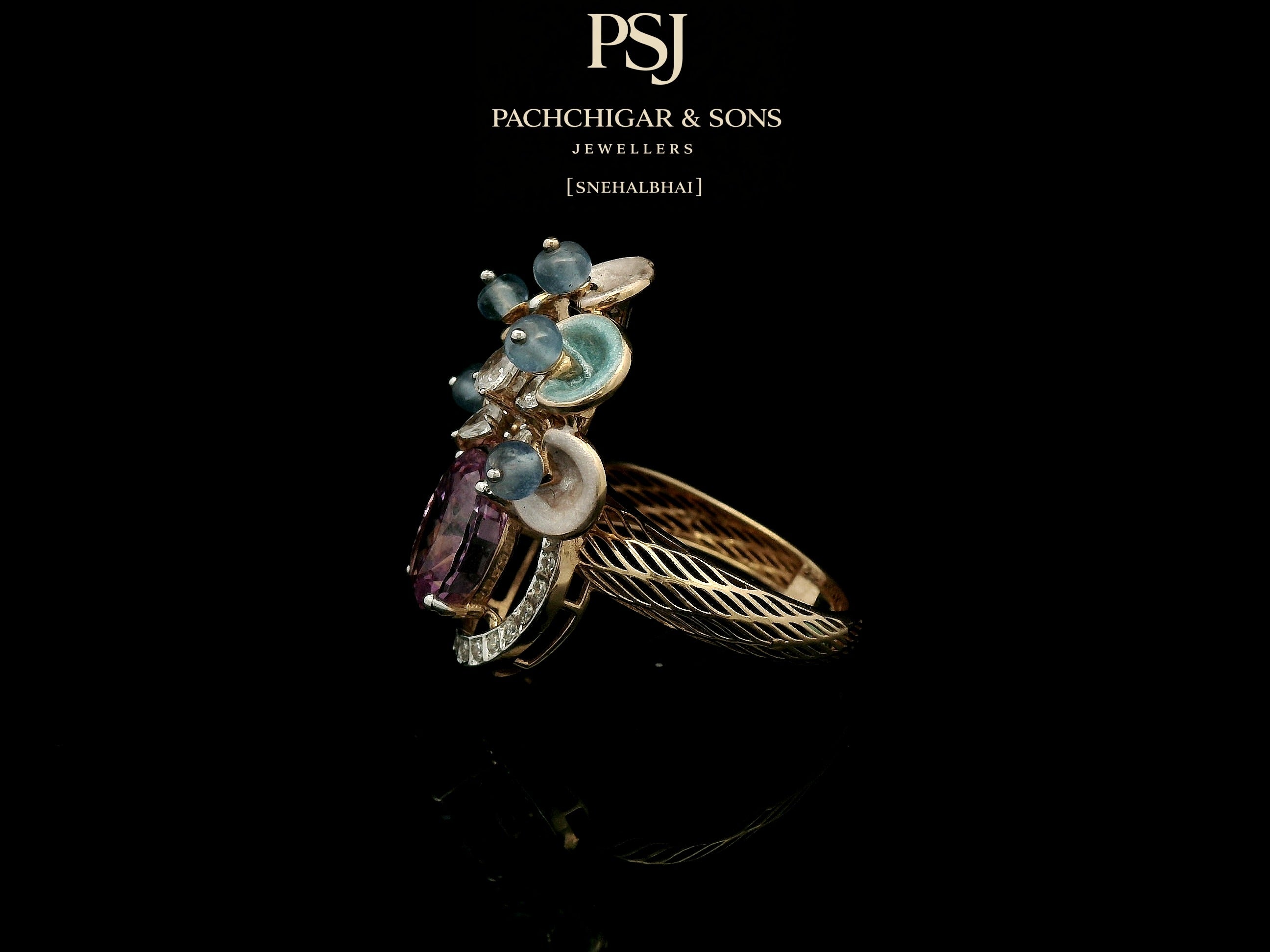 Pink Sapphire Floral Cocktail Ring with Blue Stone Accents