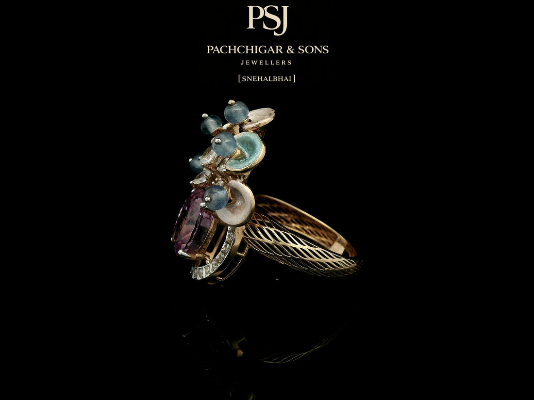 Pink Sapphire Floral Cocktail Ring with Blue Stone Accents