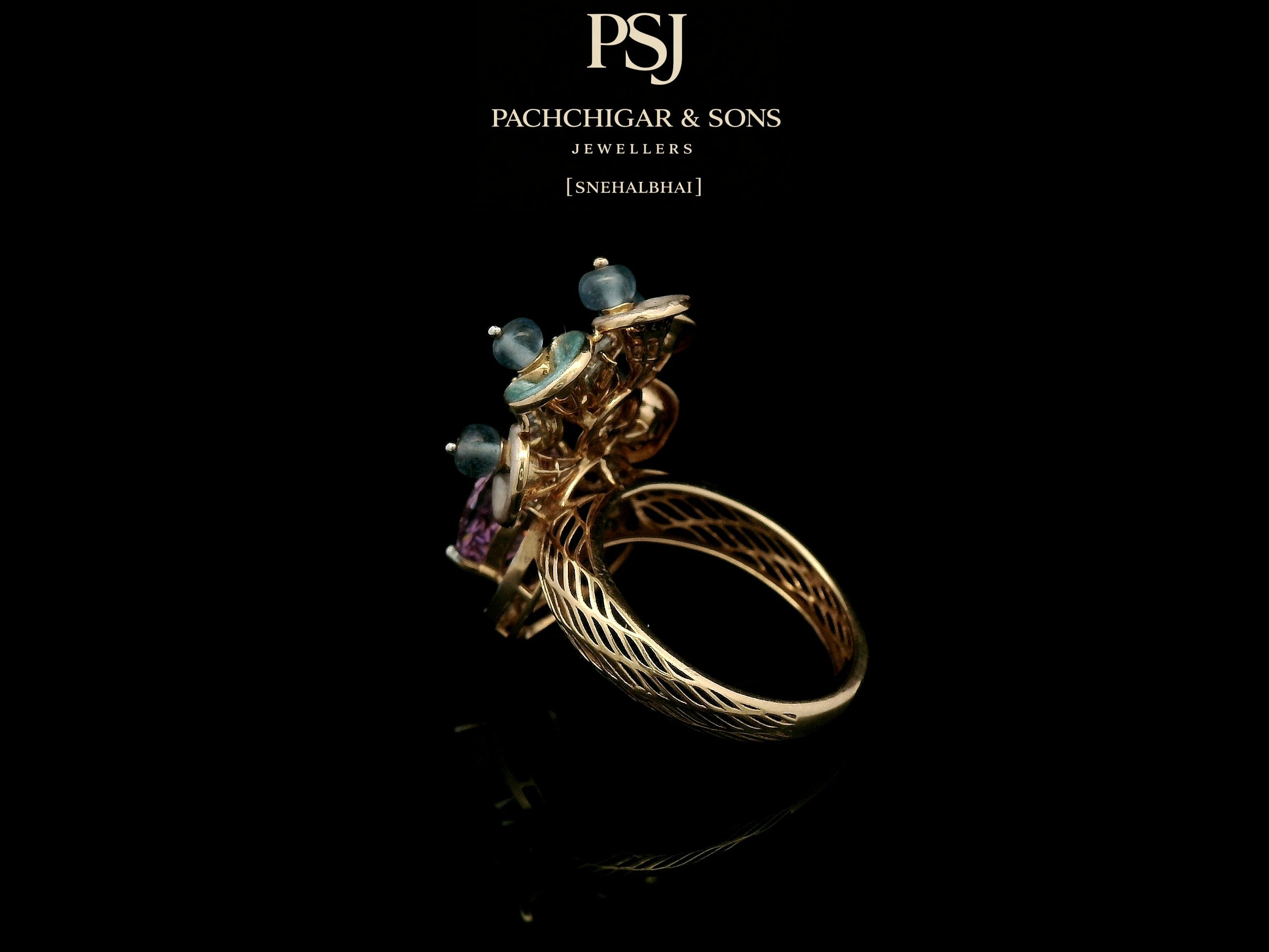 Pink Sapphire Floral Cocktail Ring with Blue Stone Accents