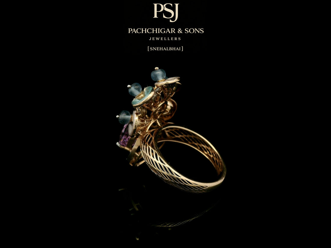 Pink Sapphire Floral Cocktail Ring with Blue Stone Accents