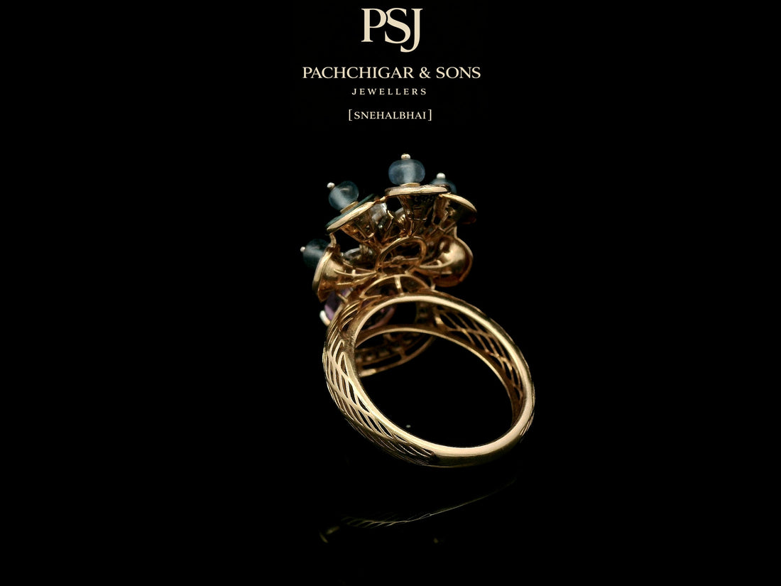 Pink Sapphire Floral Cocktail Ring with Blue Stone Accents