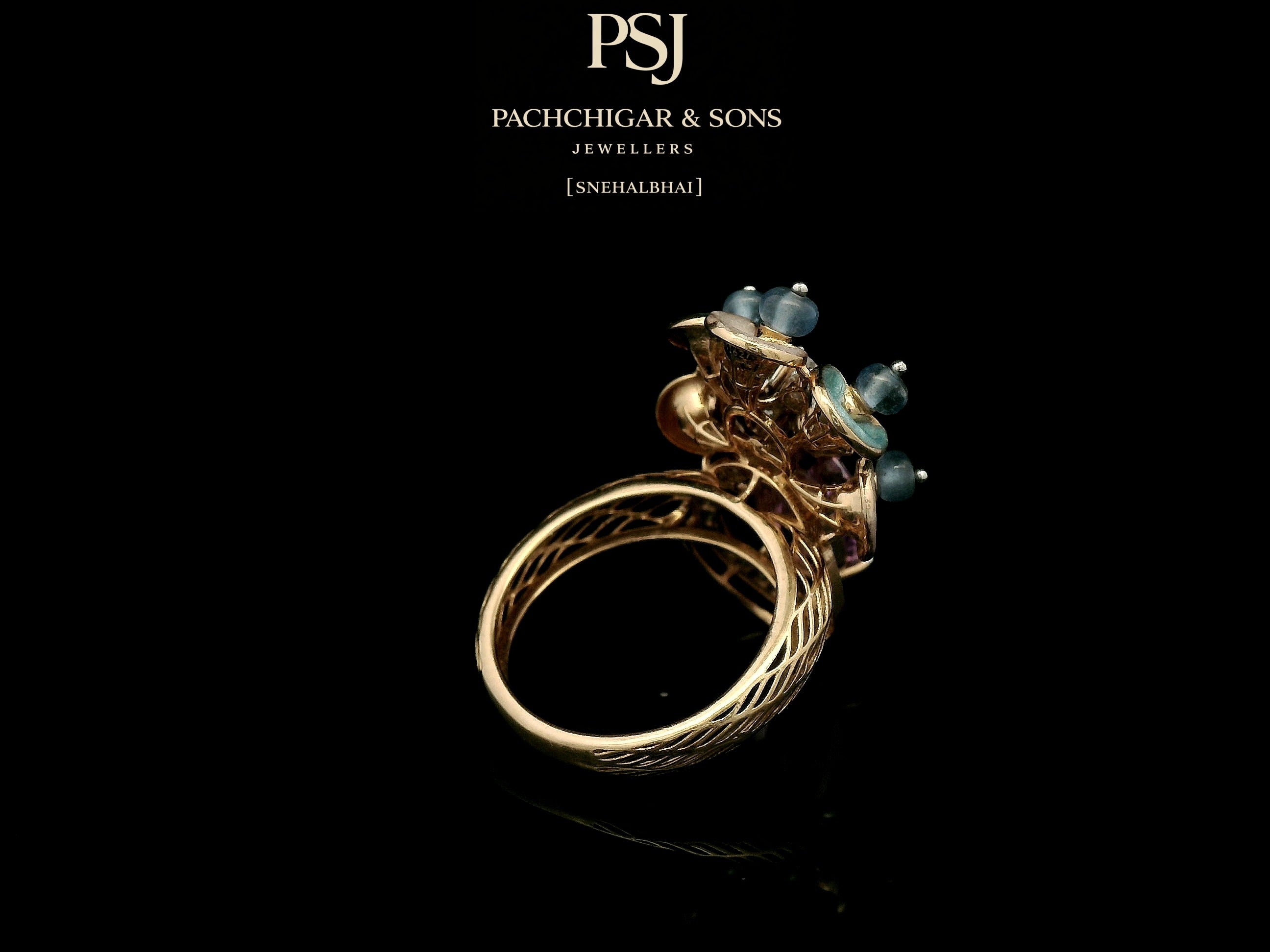 Pink Sapphire Floral Cocktail Ring with Blue Stone Accents
