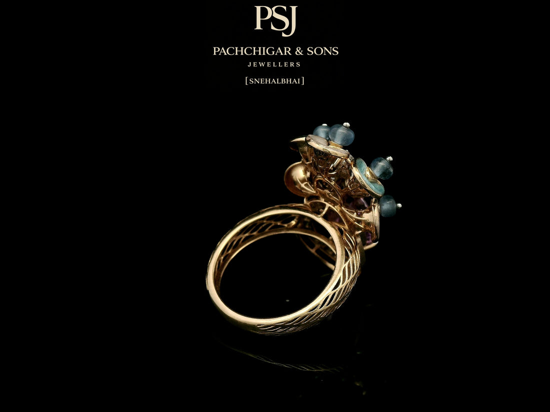 Pink Sapphire Floral Cocktail Ring with Blue Stone Accents