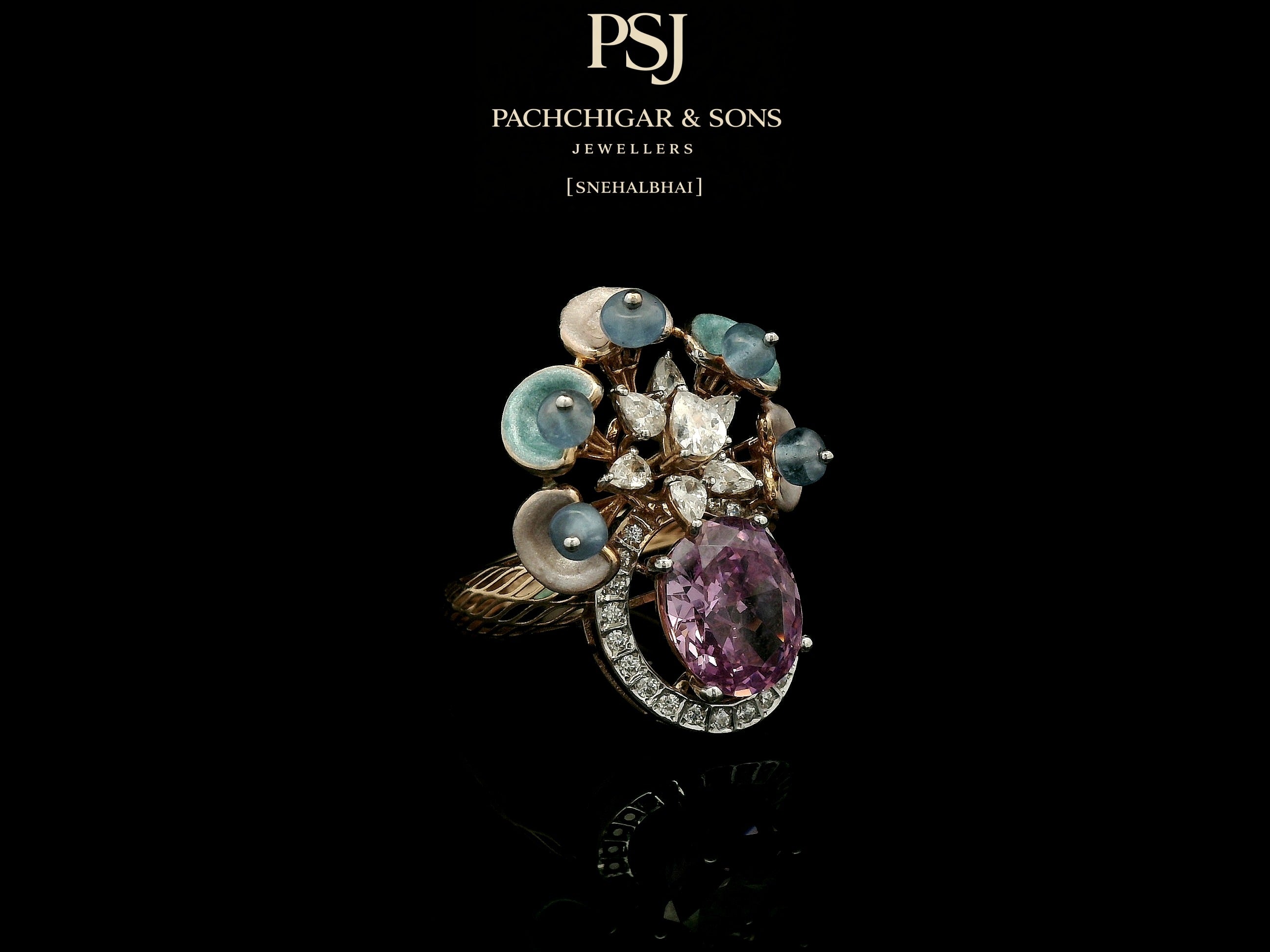 Pink Sapphire Floral Cocktail Ring with Blue Stone Accents