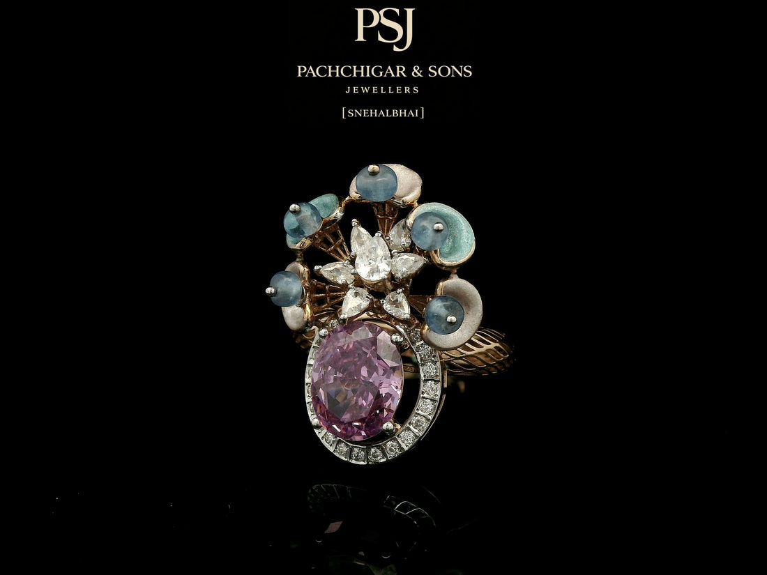 Pink Sapphire Floral Cocktail Ring with Blue Stone Accents