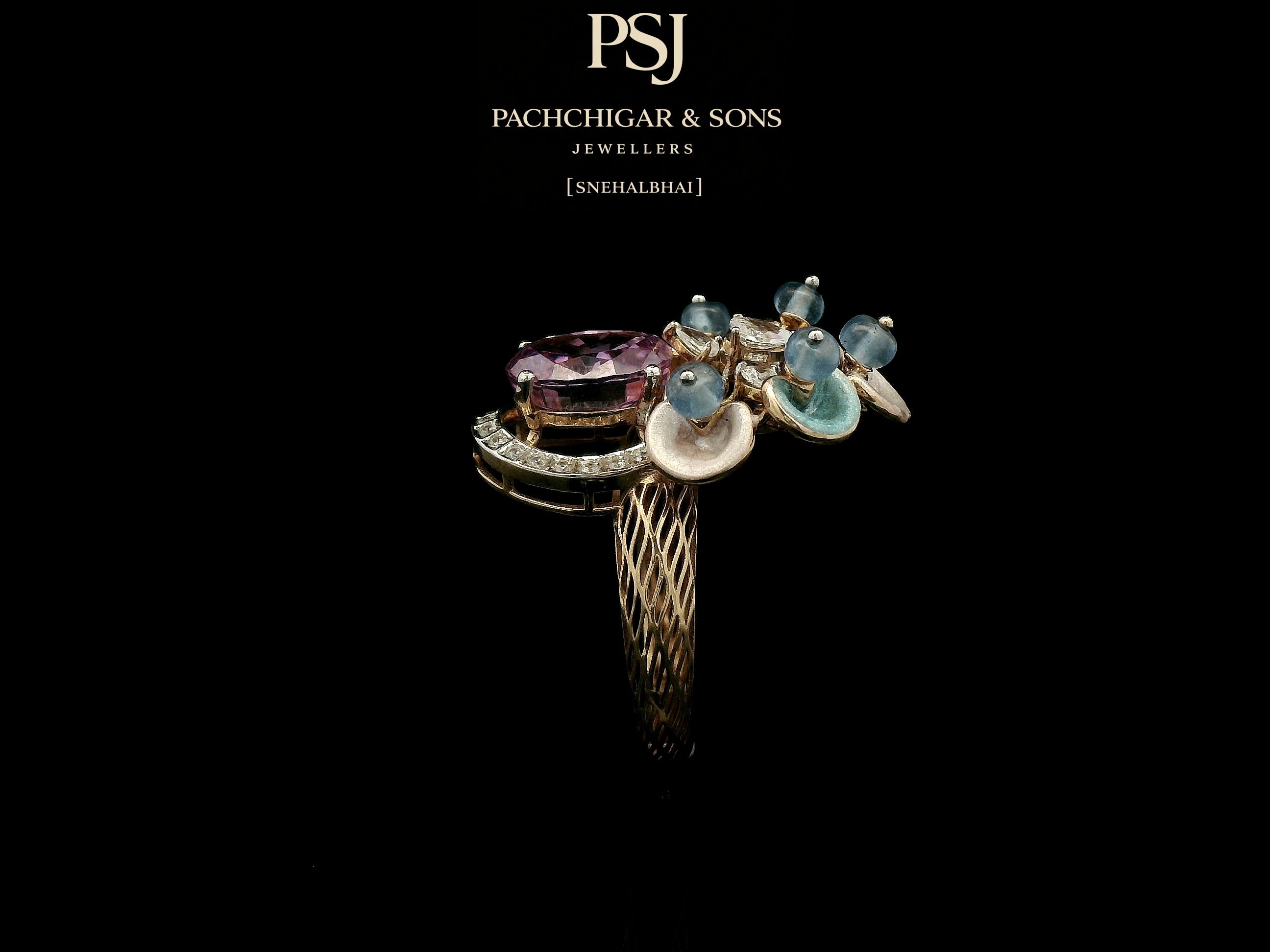 Pink Sapphire Floral Cocktail Ring with Blue Stone Accents