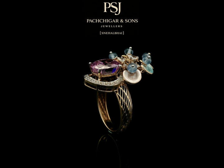Pink Sapphire Floral Cocktail Ring with Blue Stone Accents