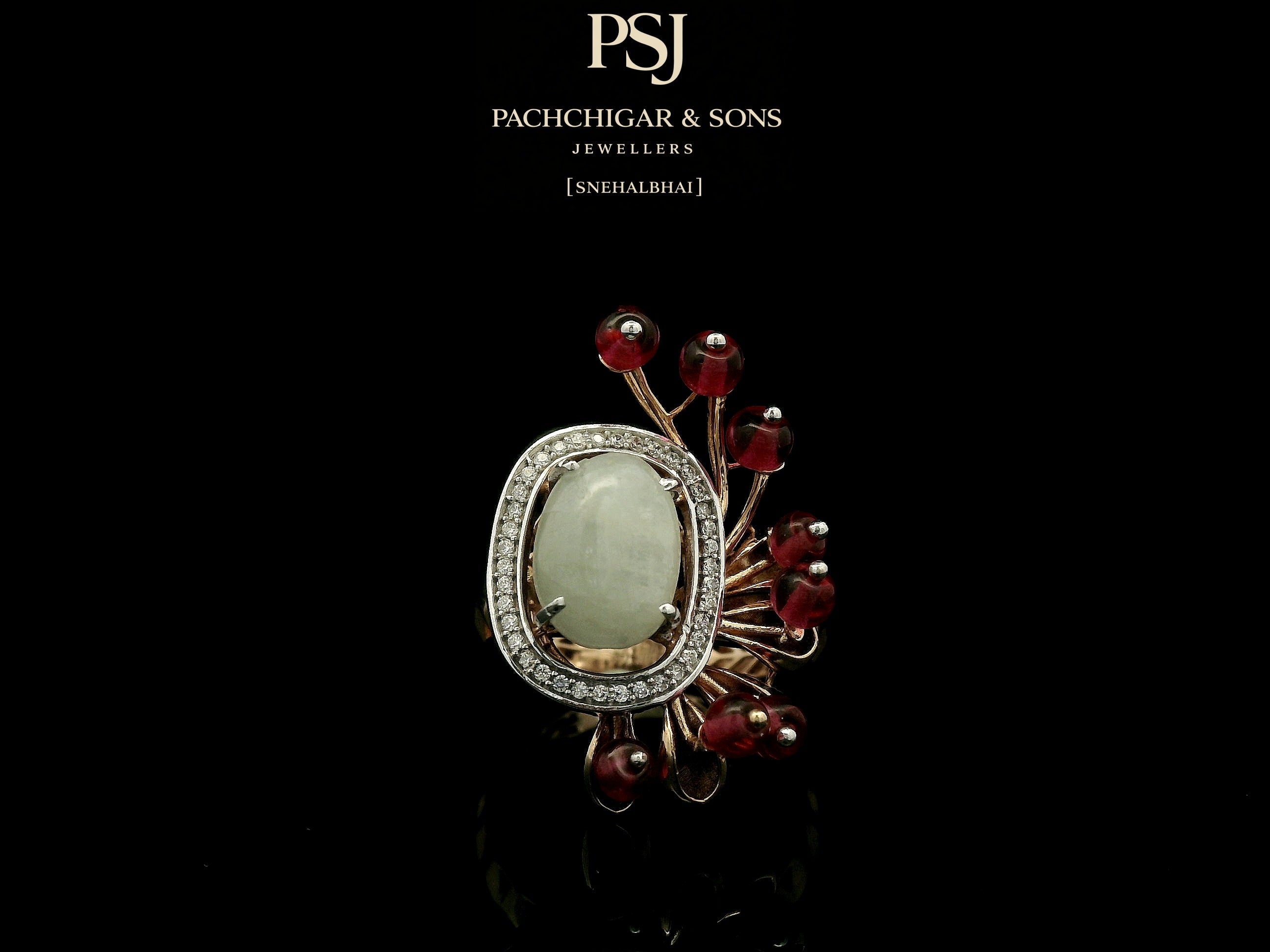 Jade and Diamond Statement Ring with Red Bead Detailing