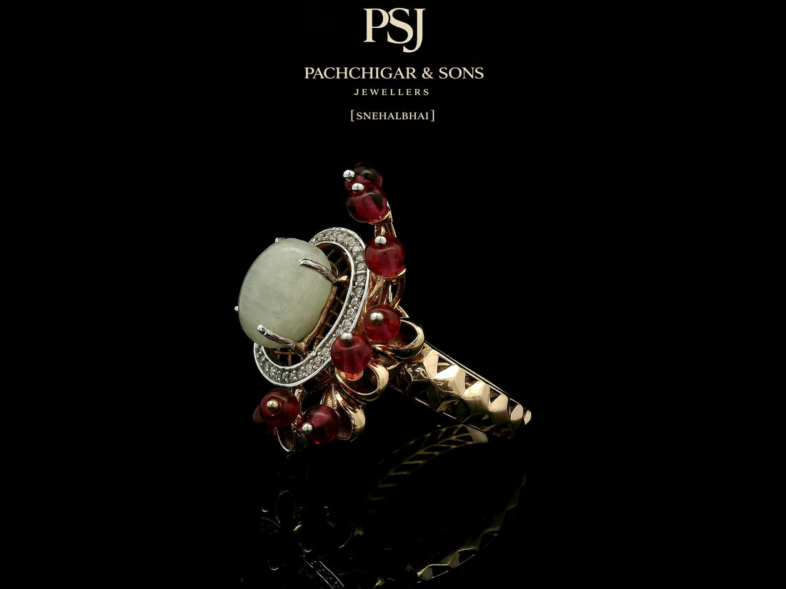 Jade and Diamond Statement Ring with Red Bead Detailing