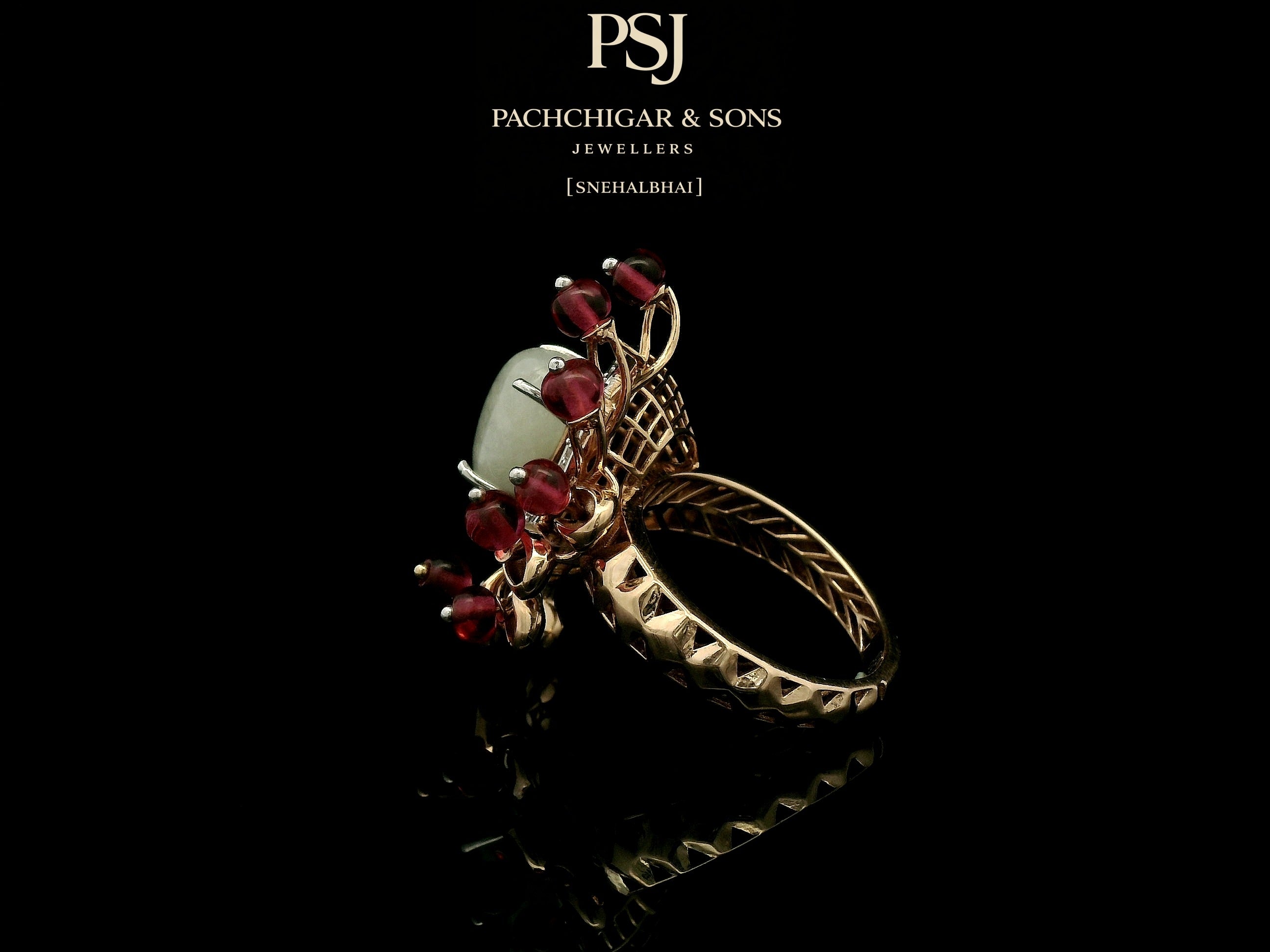 Jade and Diamond Statement Ring with Red Bead Detailing