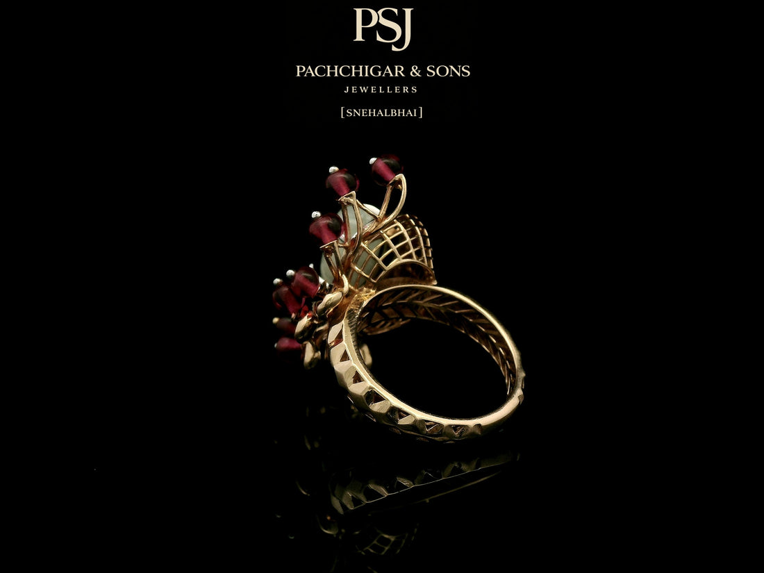 Jade and Diamond Statement Ring with Red Bead Detailing